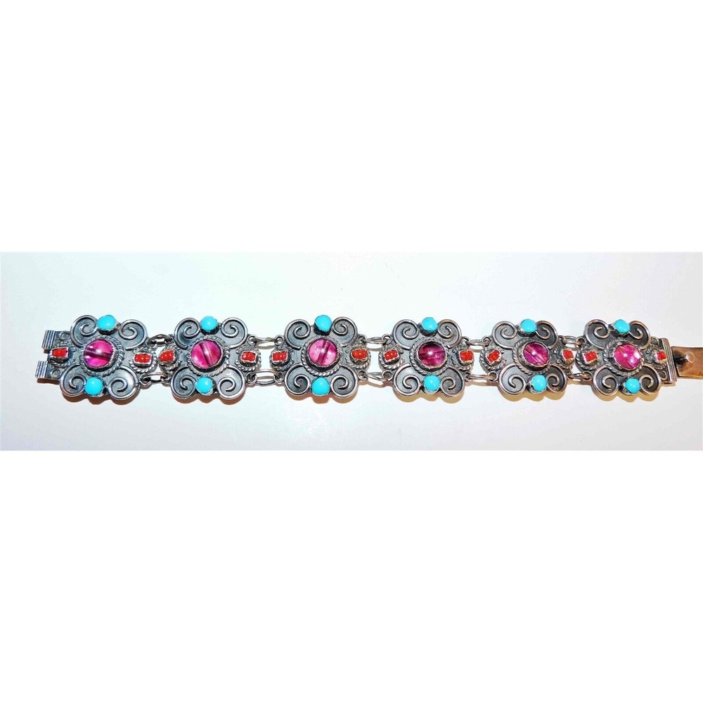 Mexico .925 Silver Gemstone‎ Link Bracelet 33.6 grams